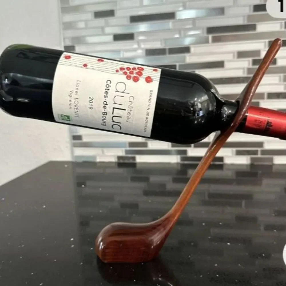 Solid Wood Golf Club Driver Wine Bottle Holder Brown Bar Decor Holder